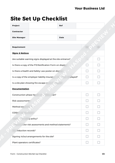 Construction Site Set Up Checklist Form Template HASpod