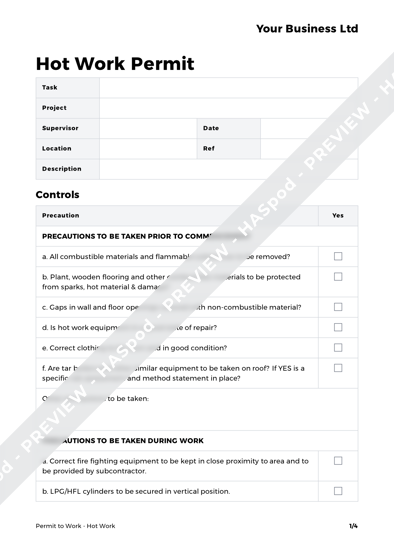 Hot Work Permit To Work Template HASpod