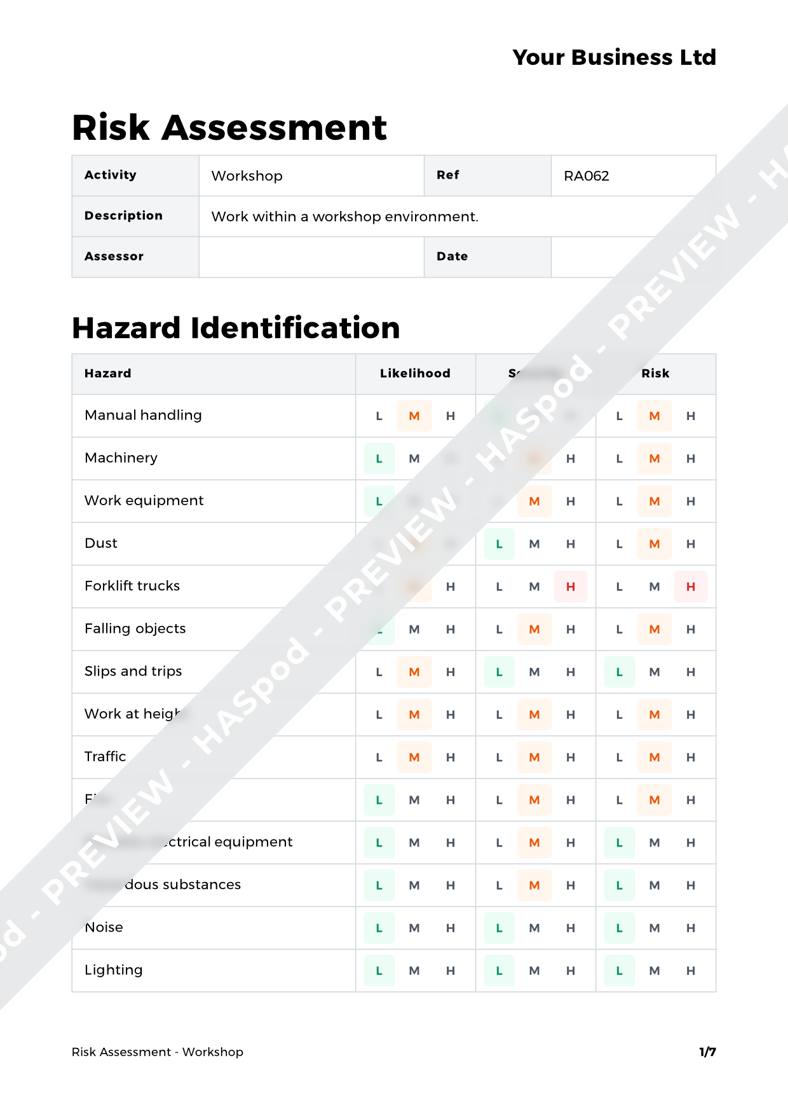 Workshop Risk Assessment Template Haspod