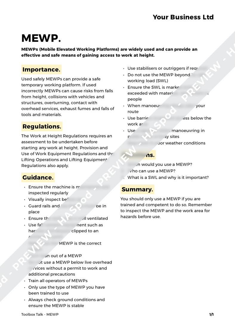 MEWP Toolbox Talk Template HASpod