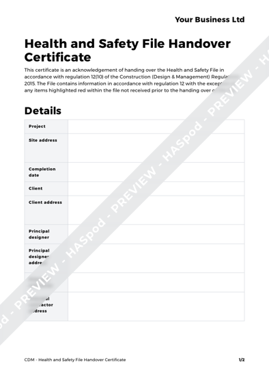 Health And Safety File Handover Certificate Cdm Template Haspod