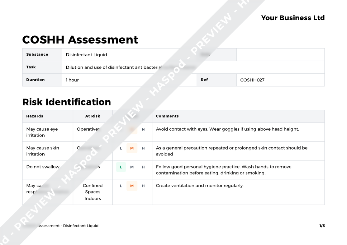 Disinfectant Liquid COSHH Assessment Template HASpod