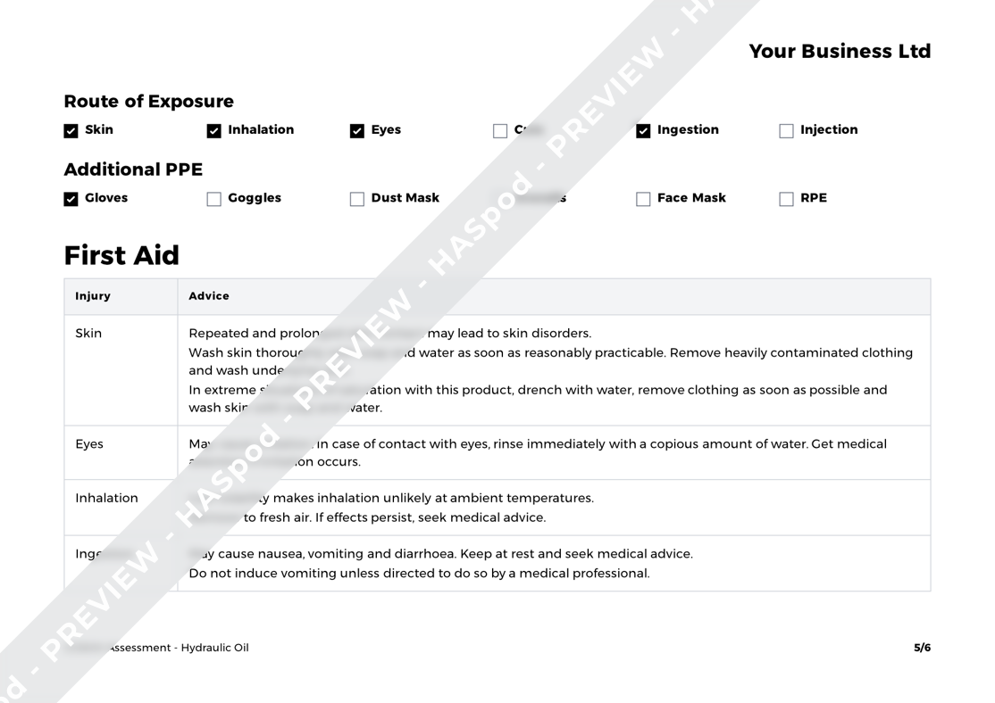 Hydraulic Oil COSHH Assessment Template HASpod