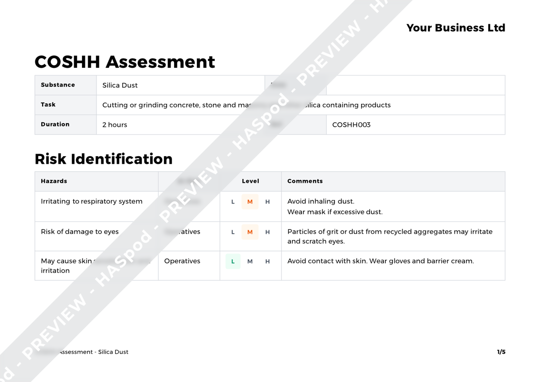 Silica Dust COSHH Assessment Template HASpod