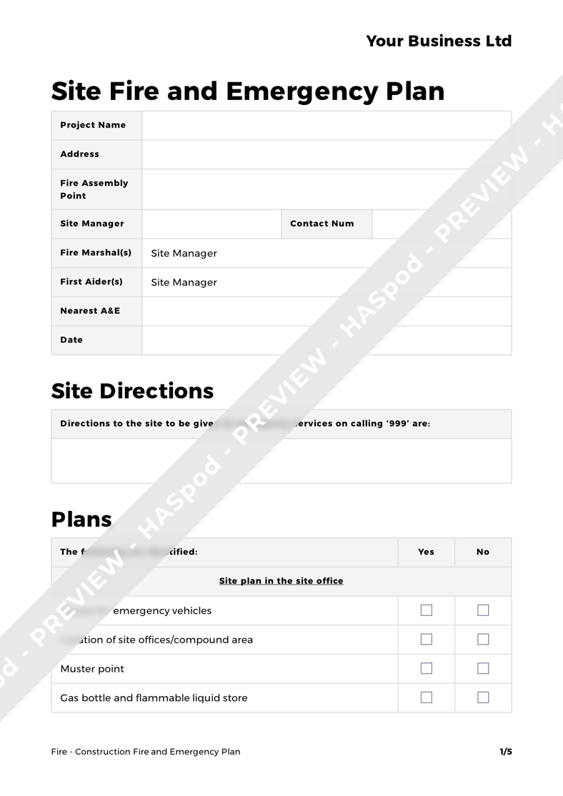 Construction Fire and Emergency Plan Fire Template HASpod