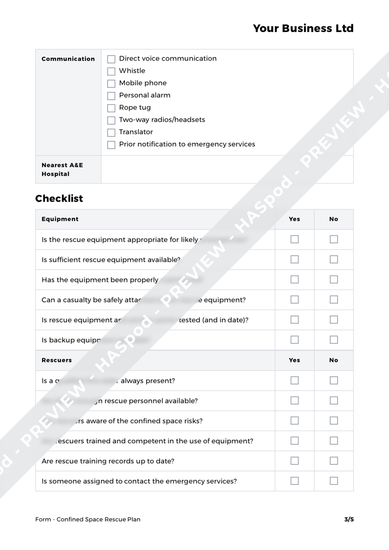 Confined Space Rescue Plan Form Template HASpod