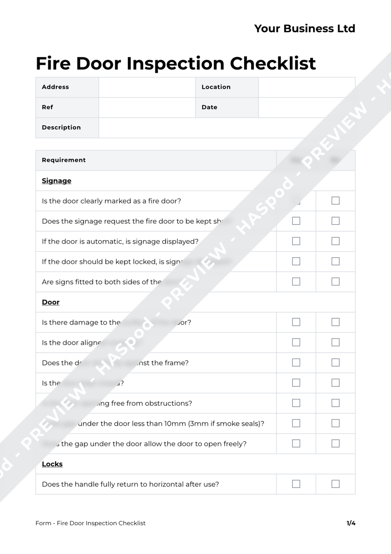 Fire Door Inspection Checklist Form Template HASpod