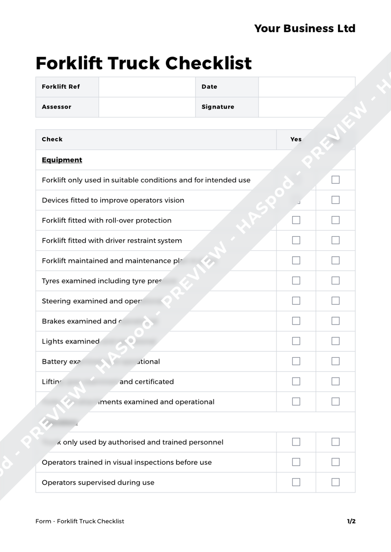 Forklift Truck Checklist Form Template - HASpod