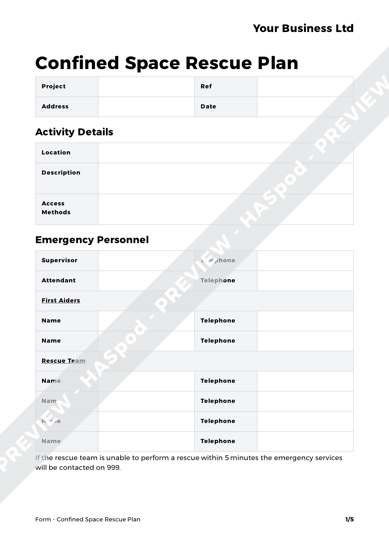 Confined Space Rescue Plan Form Template HASpod