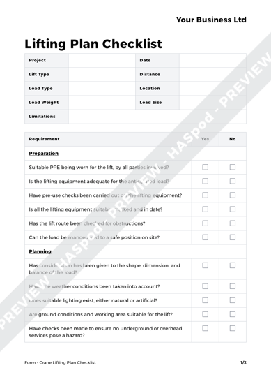 job site crane lift plan template