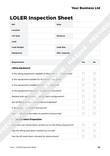 Form LOLER Inspection Sheet image 1