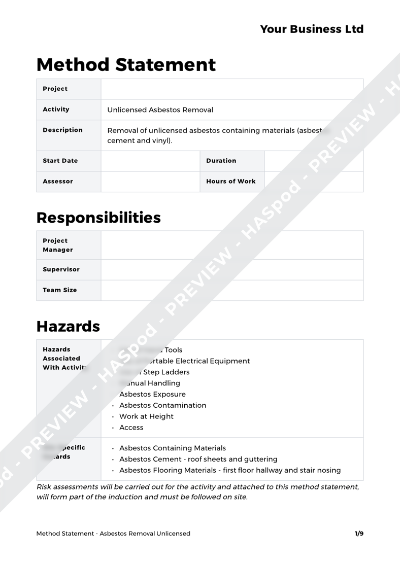Asbestos Removal Unlicensed Method Statement Template HASpod