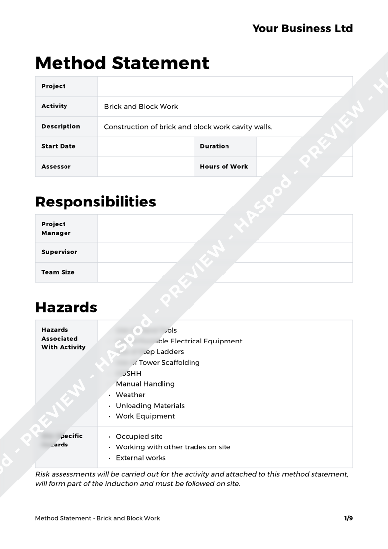 Brick and Block Work Method Statement Template HASpod