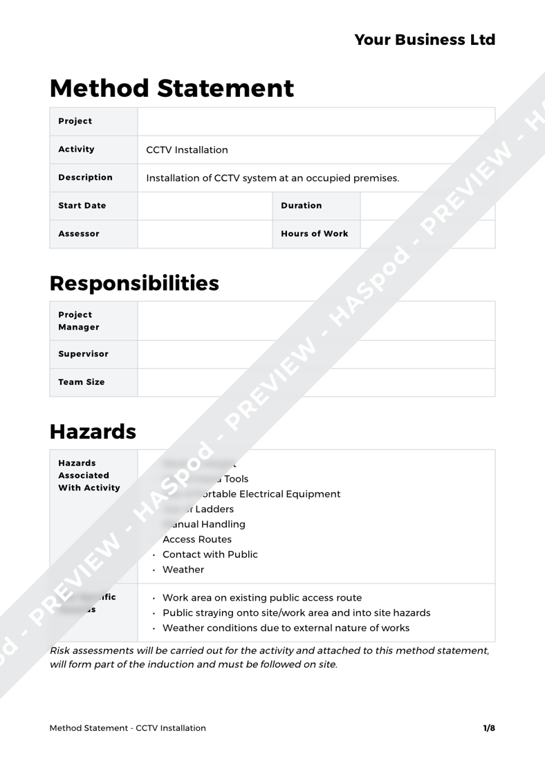 CCTV Installation Method Statement Template - HASpod