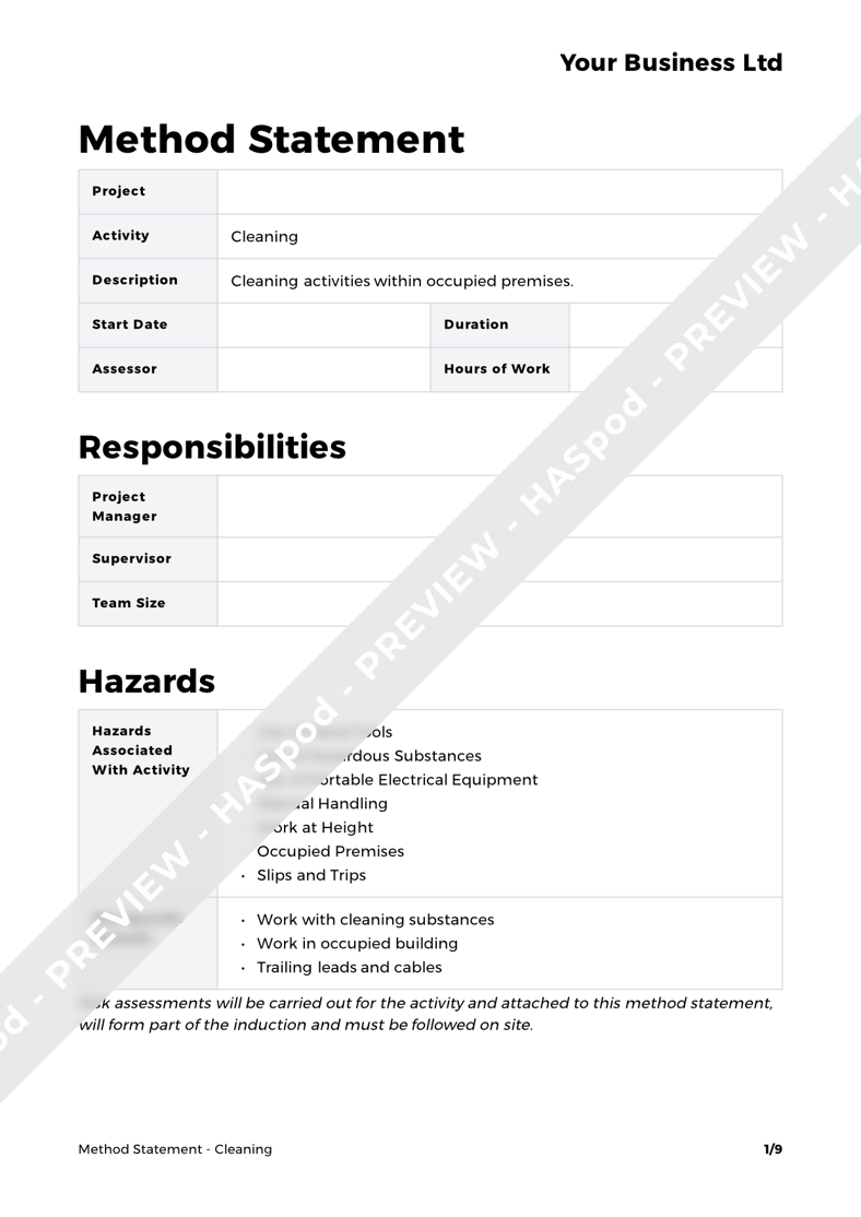 Cleaning Method Statement Template HASpod
