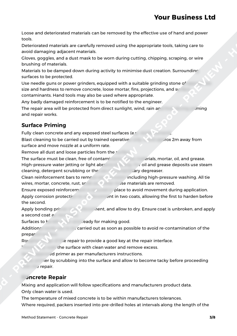 Concrete Repair Method Statement Template HASpod