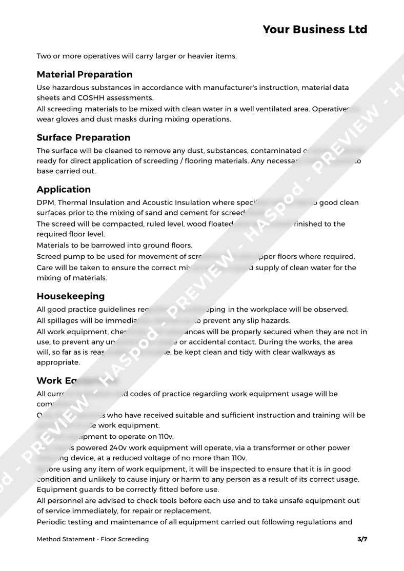 Floor Screeding Method Statement Template - HASpod