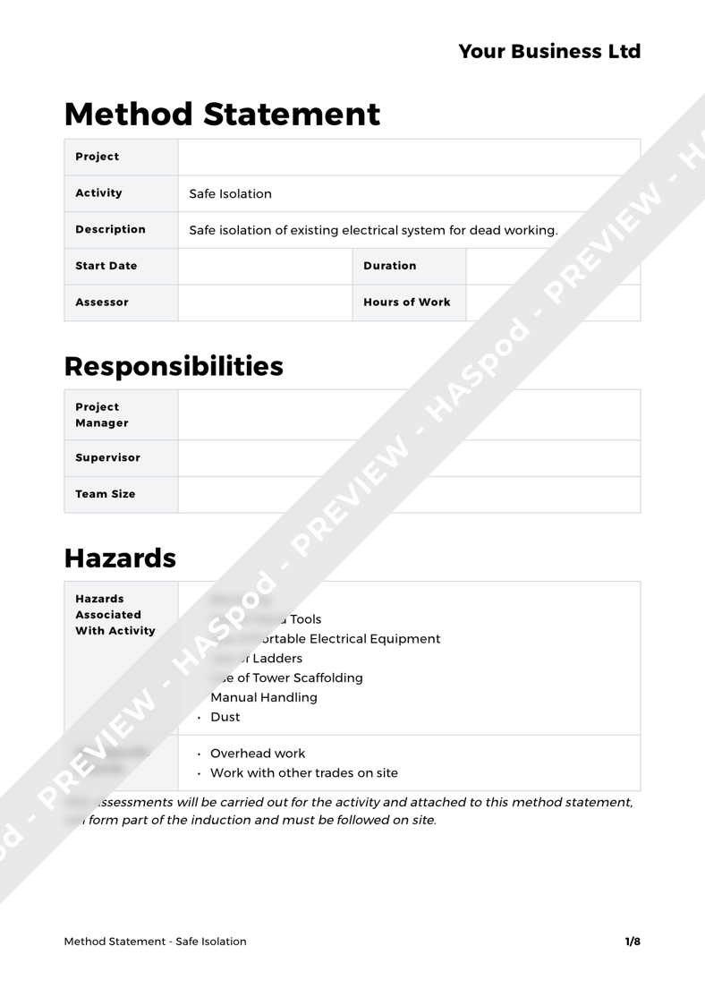 Safe Isolation Method Statement Template HASpod