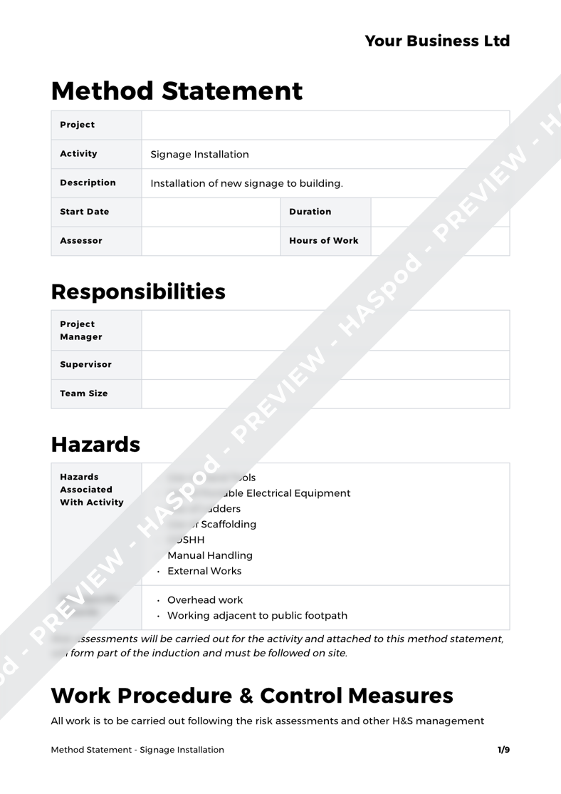 Signage Installation Method Statement Template HASpod