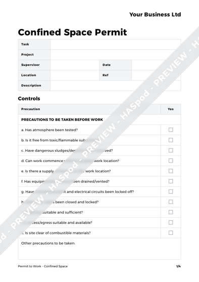 Confined Space Permit to Work Template - HASpod