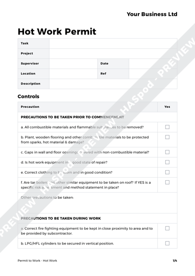 Hot Work Permit to Work Template - HASpod