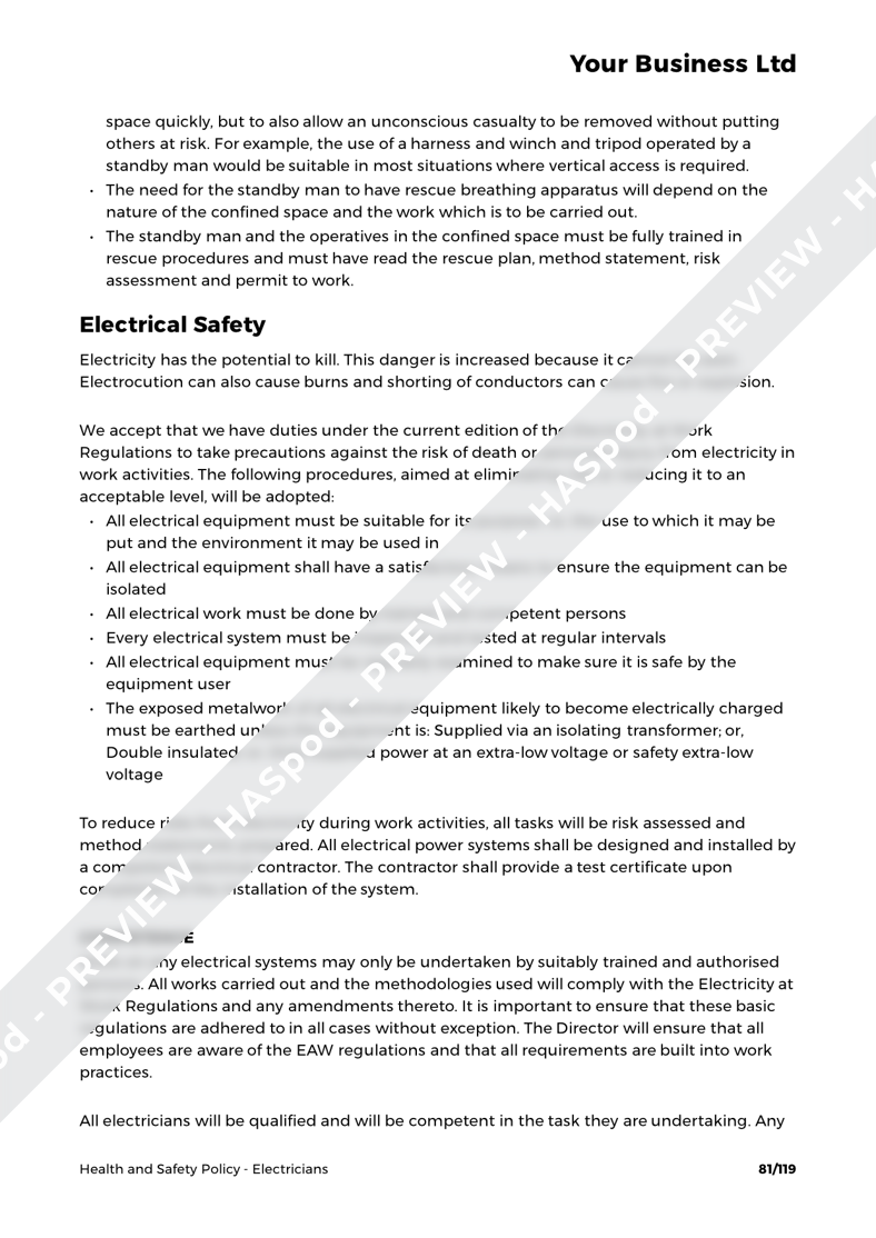 Electricians Health And Safety Policy Template - HASpod