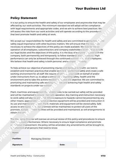 Construction Health And Safety Policy Template Haspod