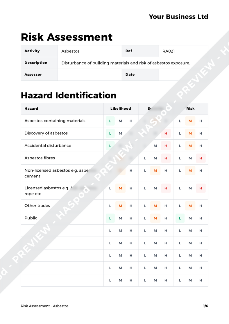 Asbestos Risk Assessment Template HASpod