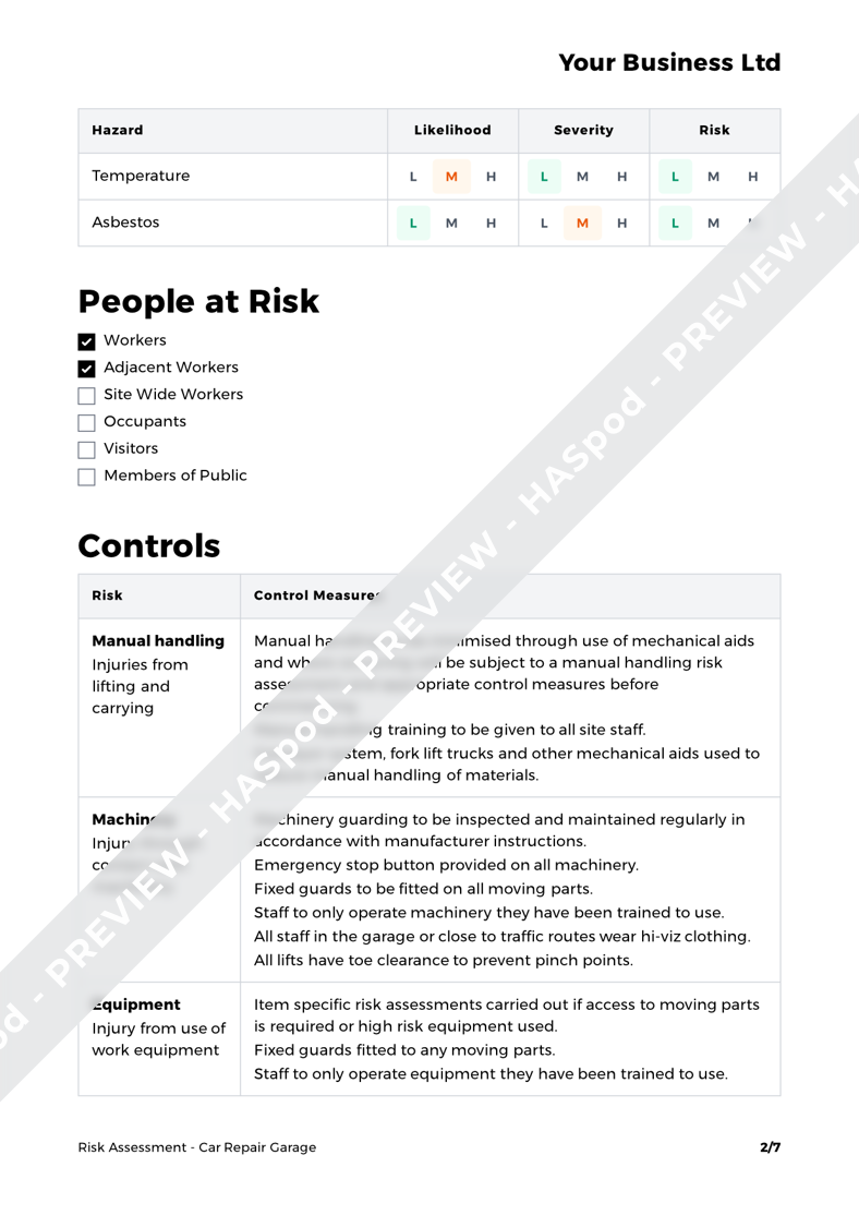 Car Repair Garage Risk Assessment Template - HASpod