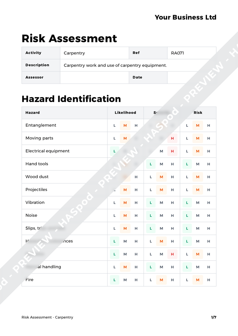 Carpentry Risk Assessment Template - HASpod