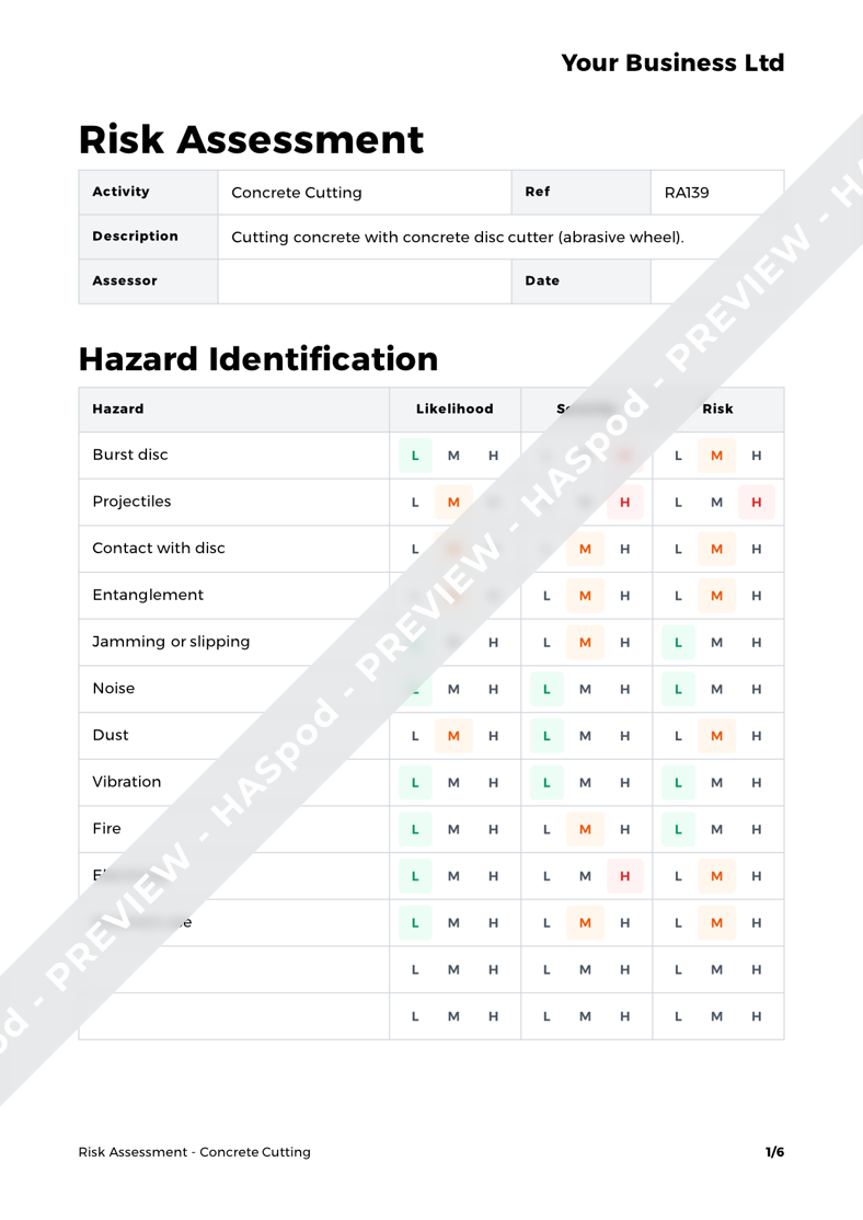 Concrete Cutting Risk Assessment Template - HASpod