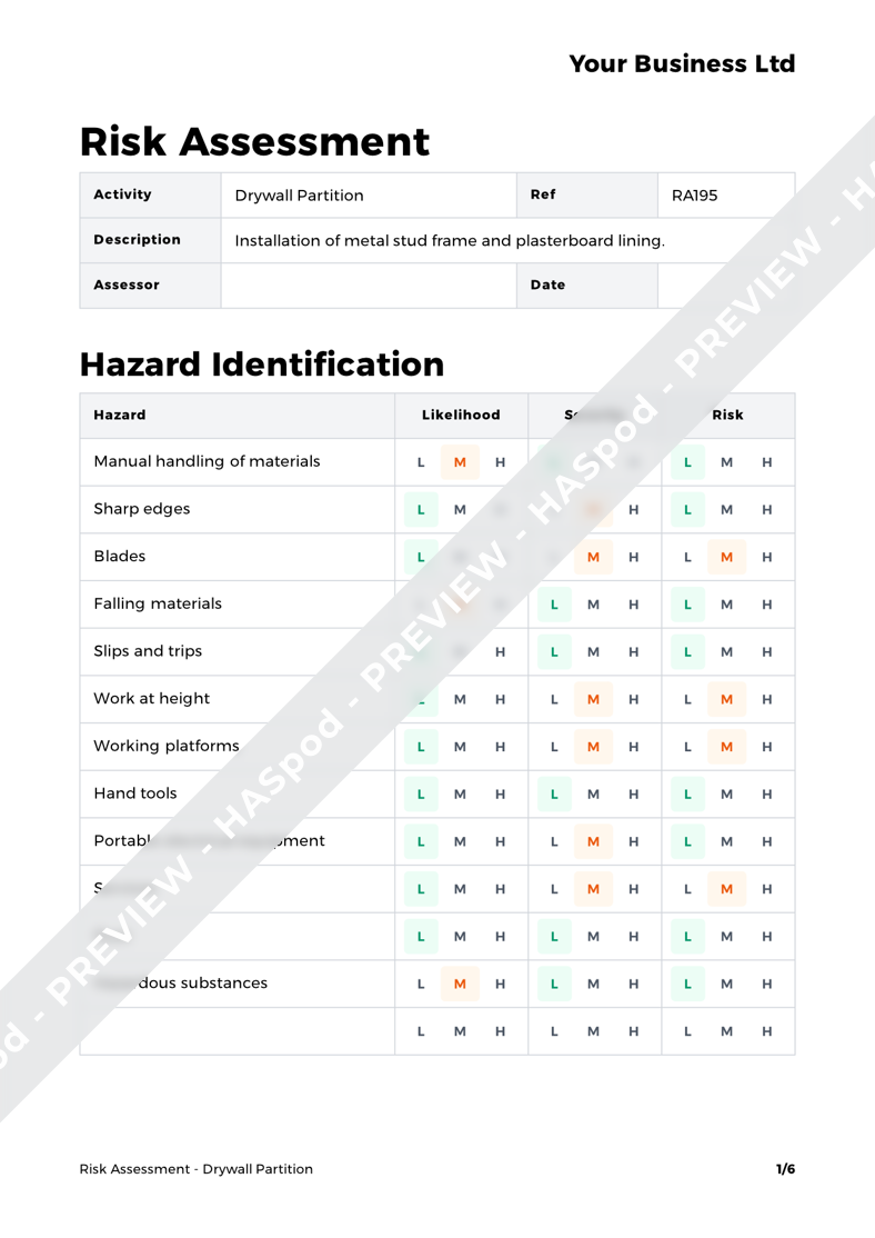 Drywall Partition Risk Assessment Template HASpod