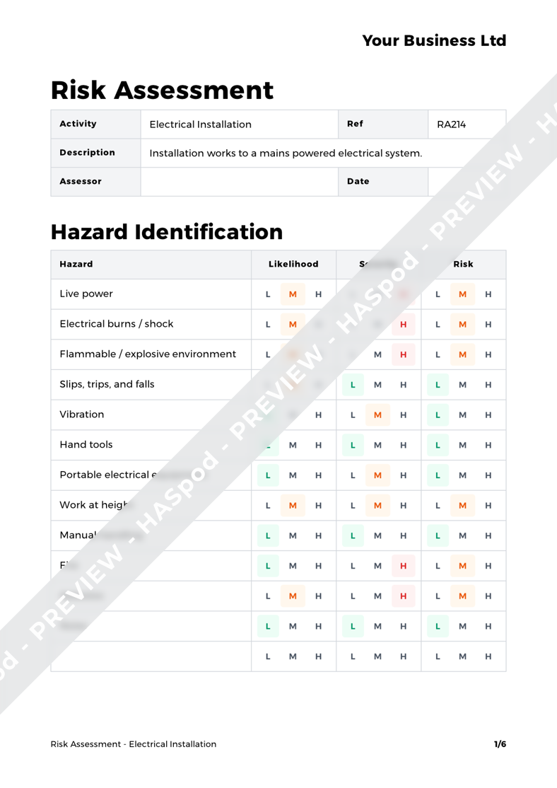 Electrical Installation Risk Assessment Template HASpod