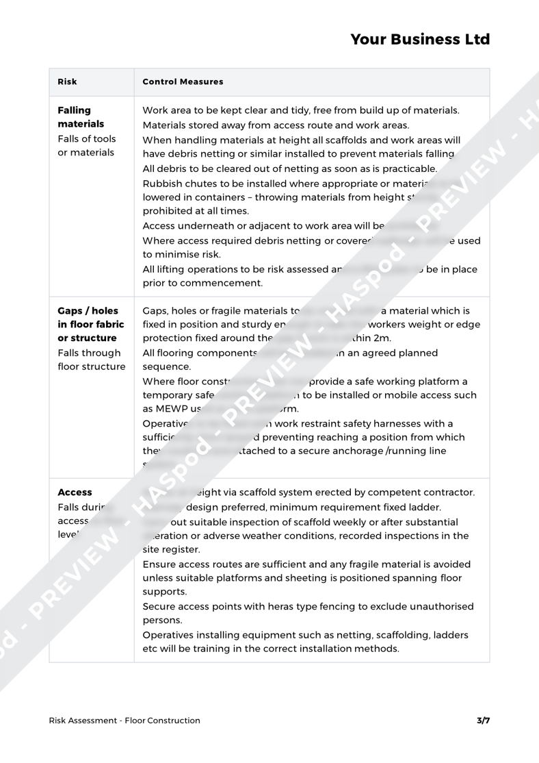 Floor Construction Risk Assessment Template HASpod