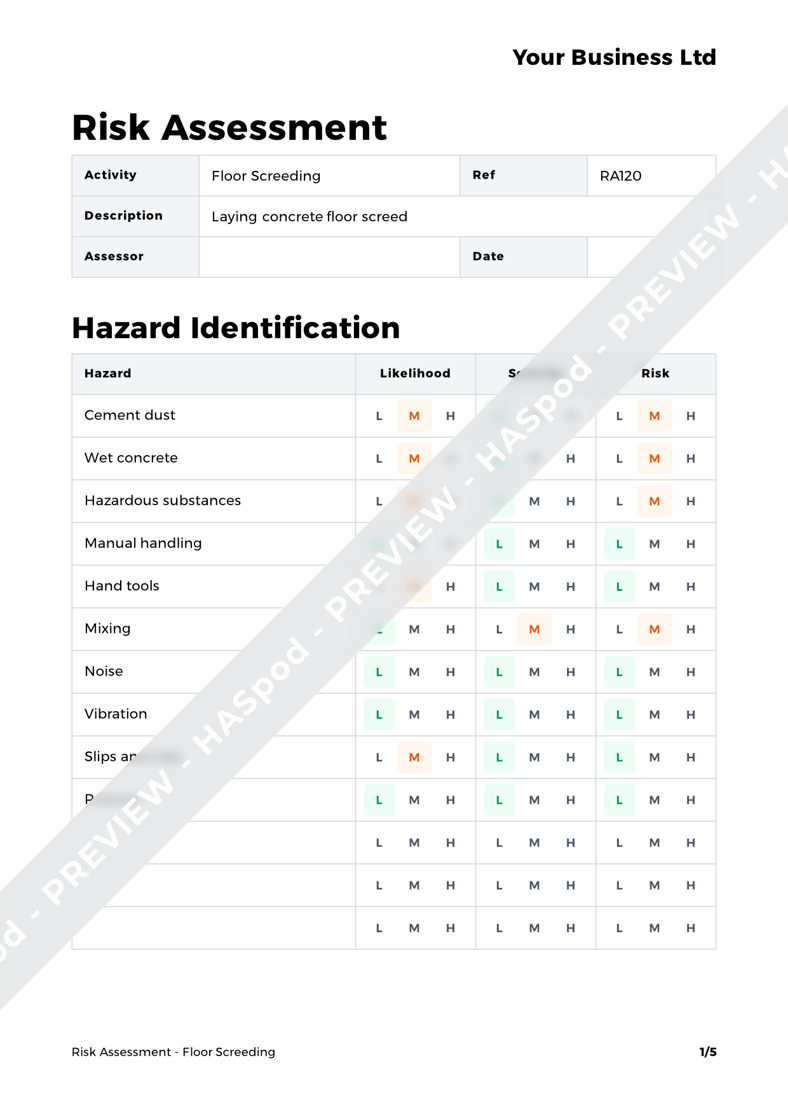 Floor Screeding Risk Assessment Template HASpod