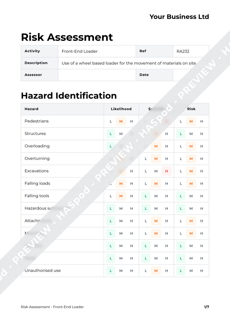FrontEnd Loader Risk Assessment Template HASpod