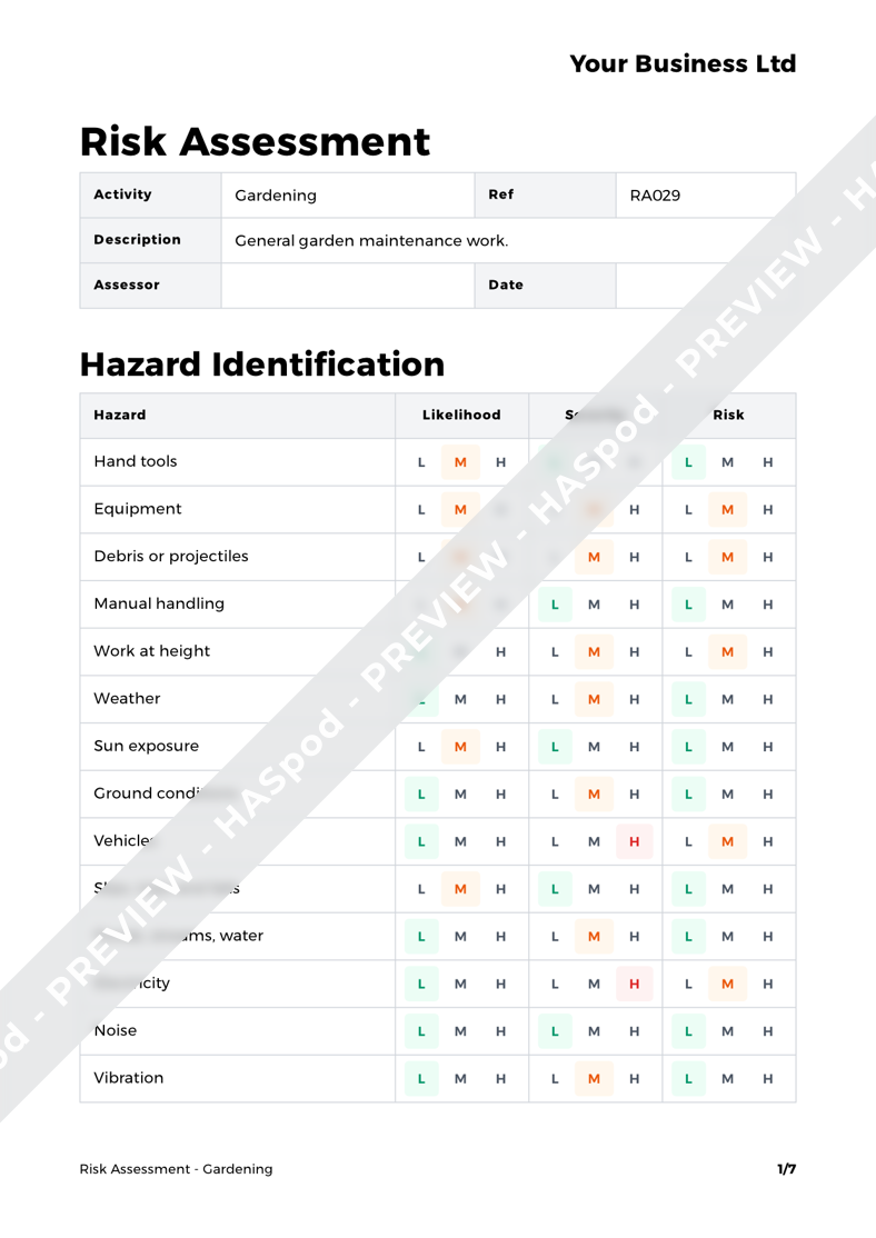 Gardening Risk Assessment Template HASpod