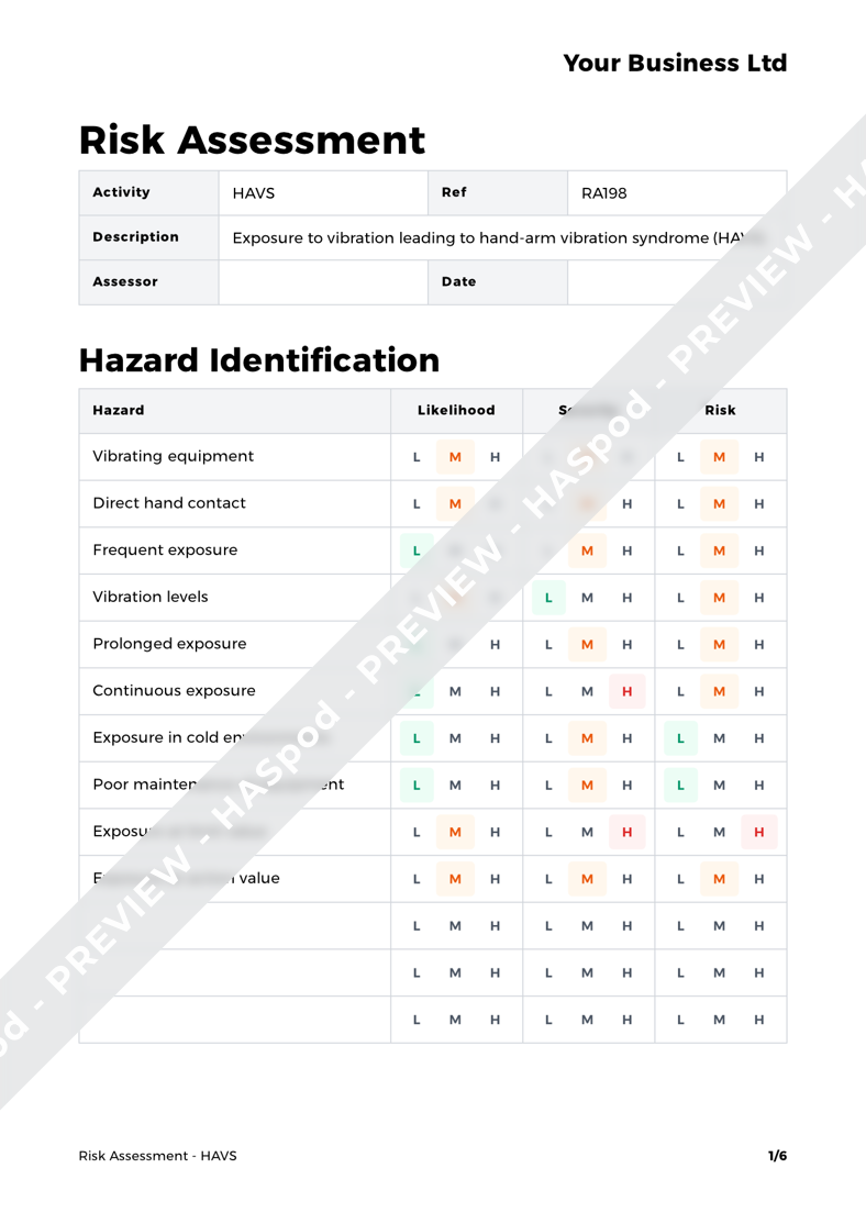 HAVS Risk Assessment Template HASpod