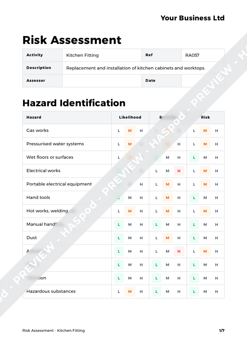 Kitchen Fitting Risk Assessment Template HASpod