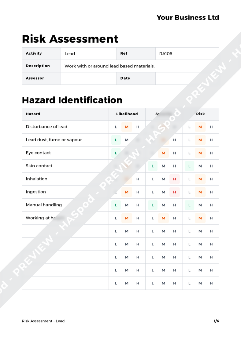 Lead Risk Assessment Template HASpod