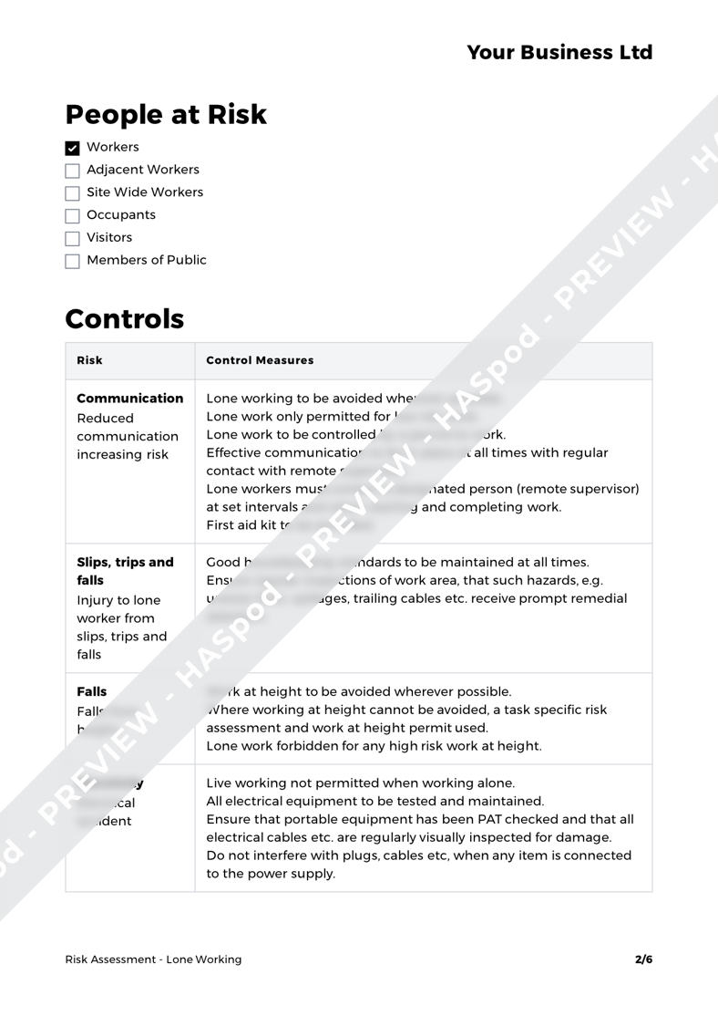 Lone Working Risk Assessment Template Haspod