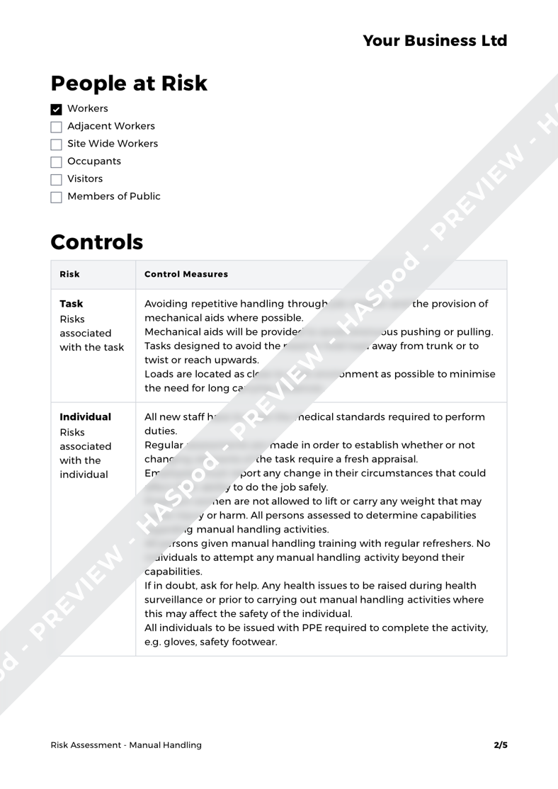Manual Handling Risk Assessment Template HASpod