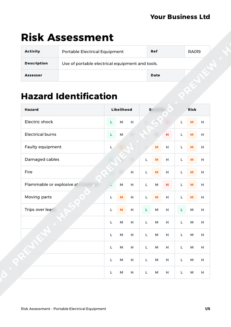 Portable Electrical Equipment Risk Assessment Template HASpod