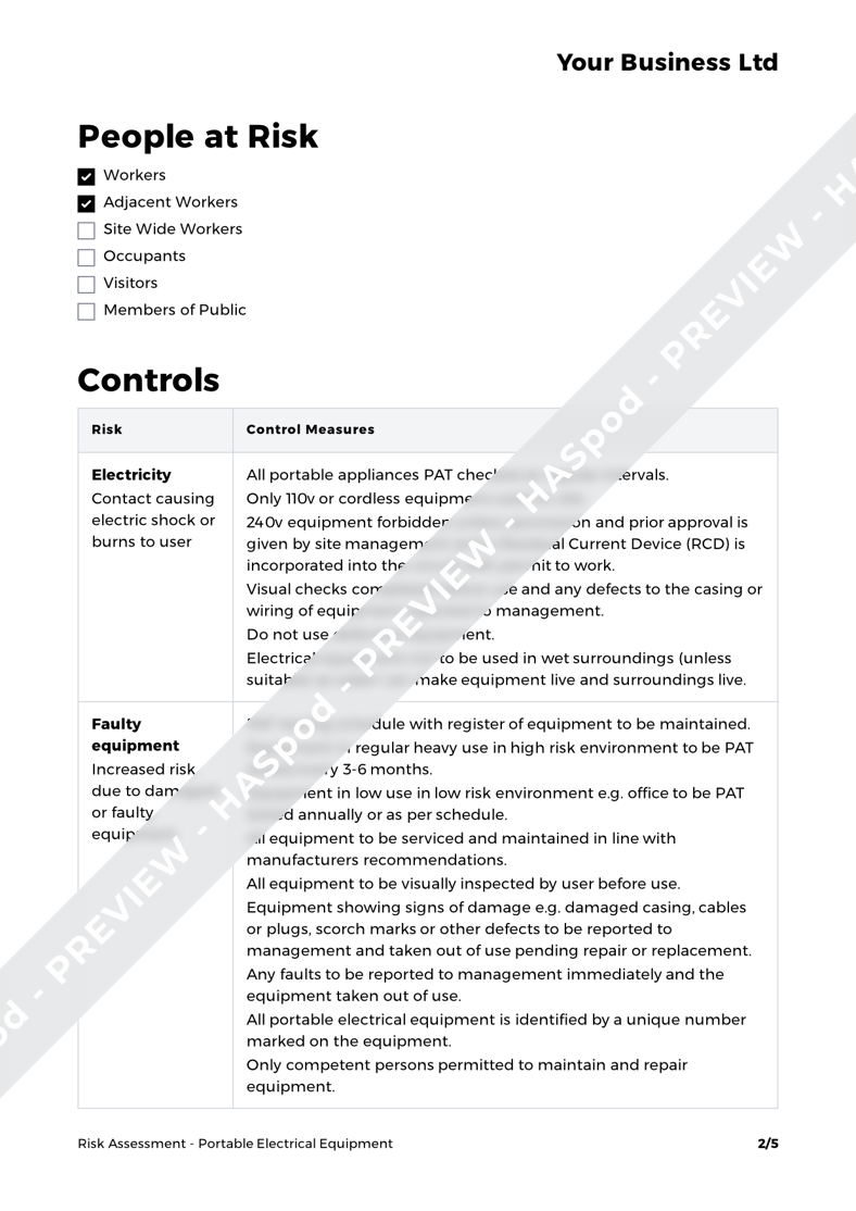 Portable Electrical Equipment Risk Assessment Template HASpod