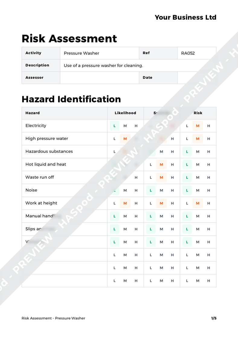 Pressure Washer Risk Assessment Template HASpod