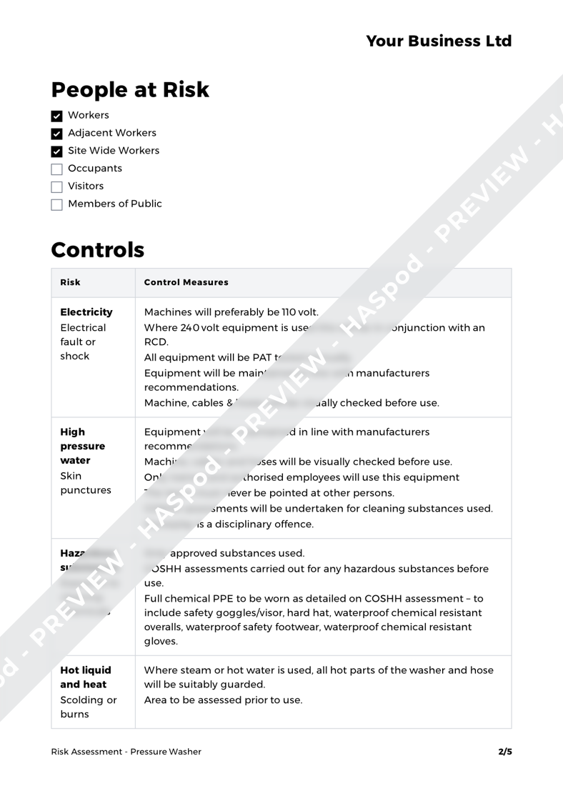 Pressure Washer Risk Assessment Template HASpod