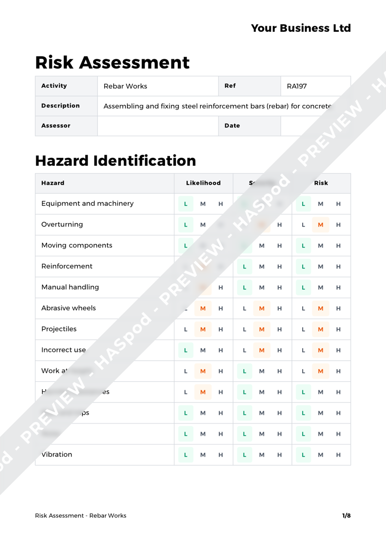 Rebar Works Risk Assessment Template HASpod