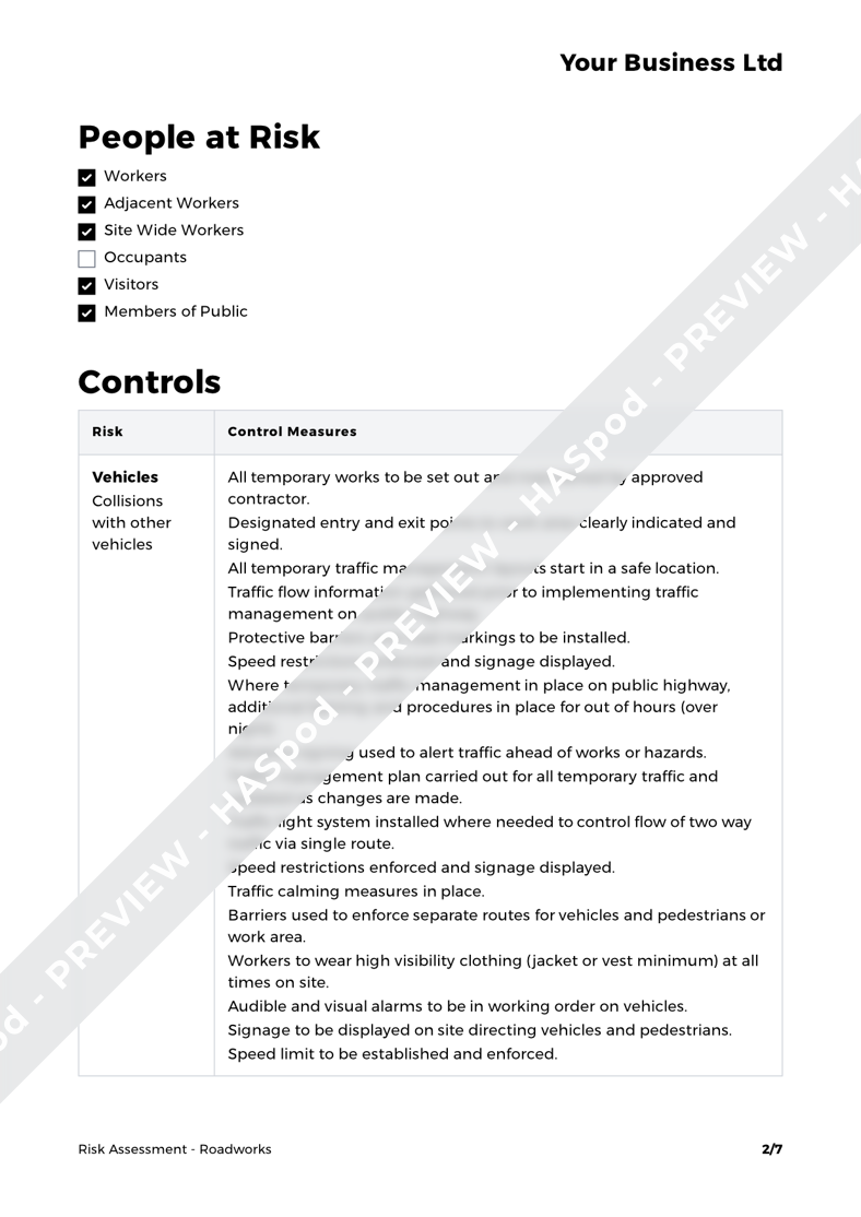 Roadworks Risk Assessment Template Haspod 9062