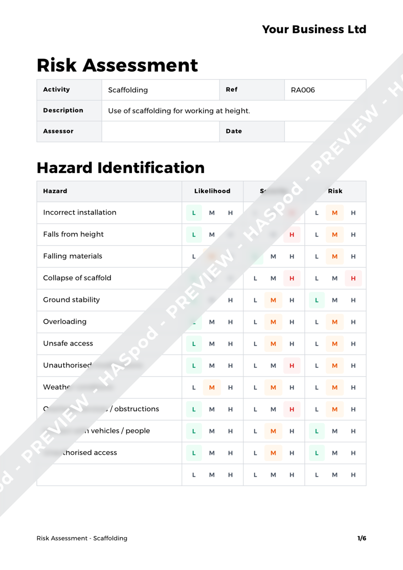 Scaffolding Risk Assessment Template HASpod