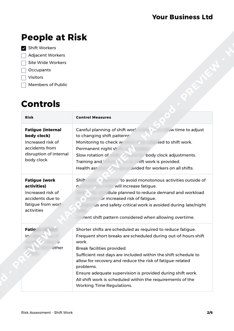 Shift Work Risk Assessment Template HASpod